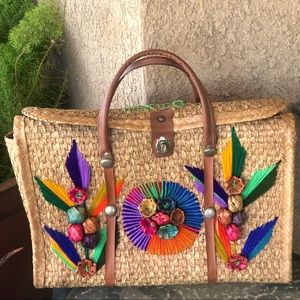 Vintage 1970’s straw tote Mexico wicker floral bag